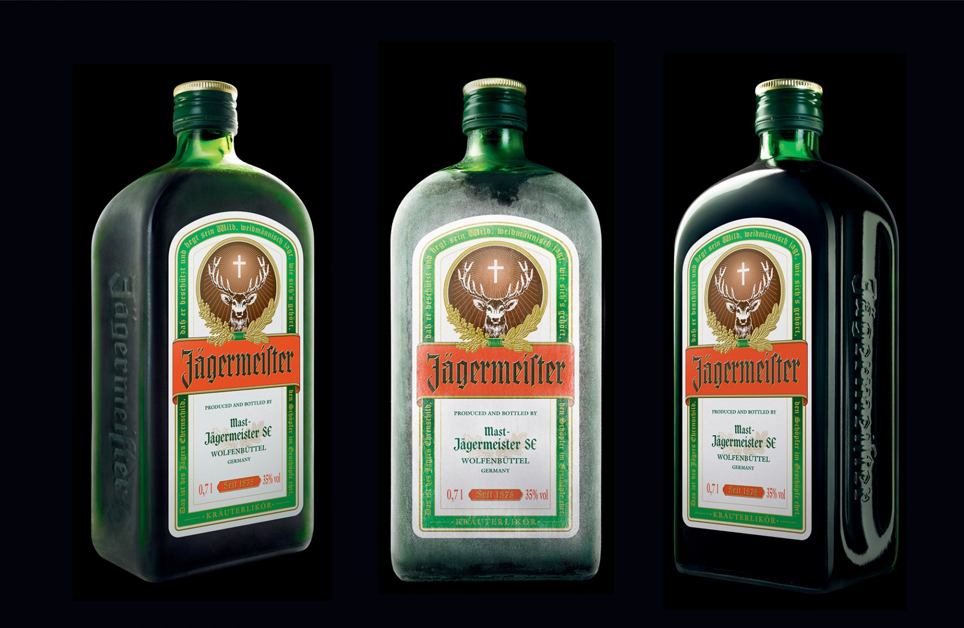 Drei Ansichten einer Jägermeister Flasche im neuen Brand Design von Realgestalt